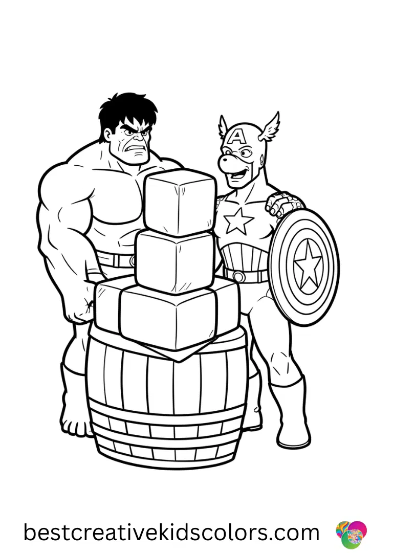 Hulk and Captain America coloring pages shows the heroes stacking soft plush cubes together.