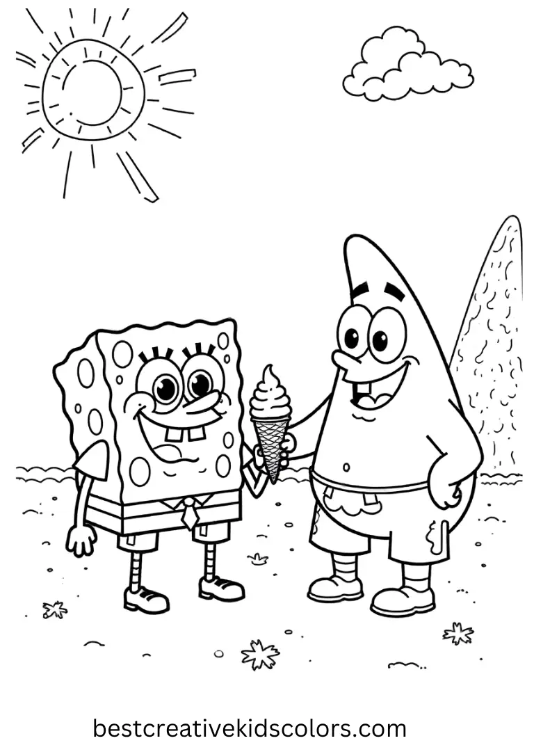 The best friends share ice cream under the sun in this cheerful, easy-to-color scene.