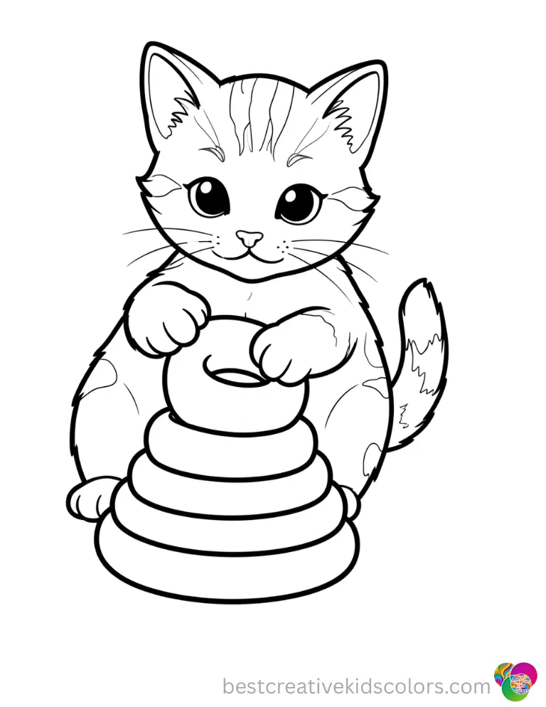 Images of kittens to color cute shows a kitten stacking three small plastic rings carefully.