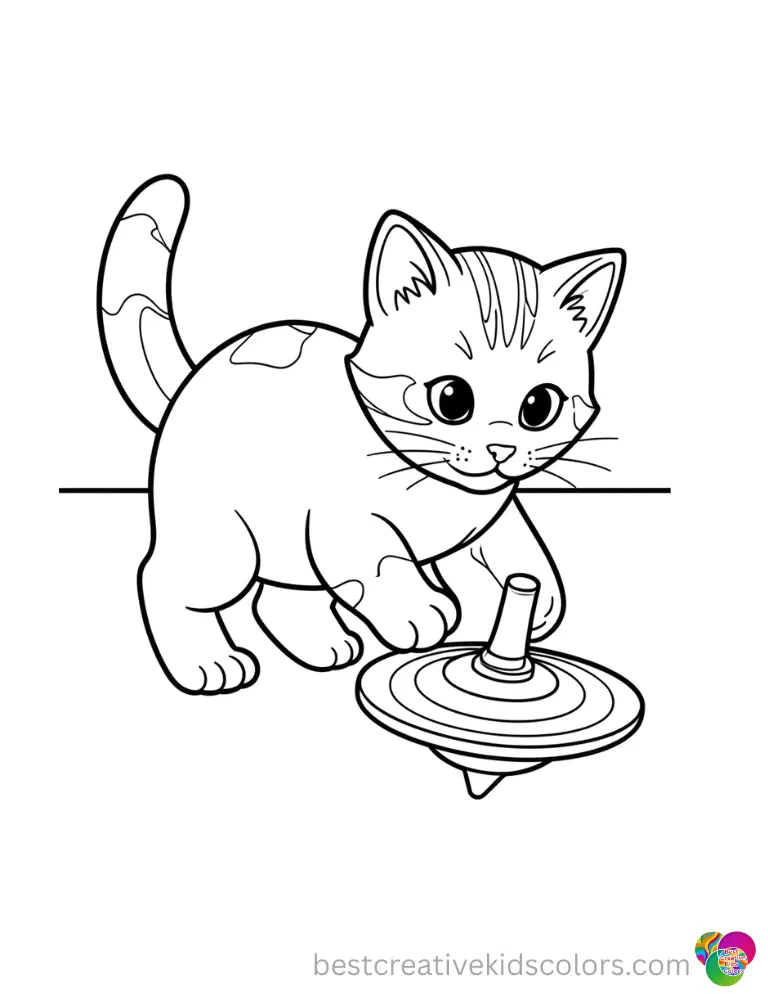 A kitten spins a tiny spinning top across a table in Images of kittens to color for adults.