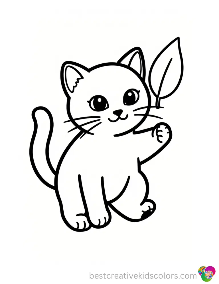 A kitten flicks a paper leaf with its paw to roll it along the floor in Images of kittens to color online.
