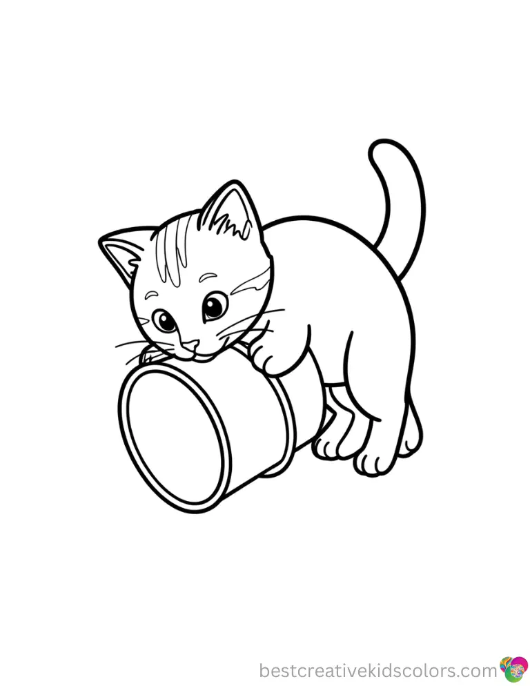 Images of kittens to color pdf features a kitten flipping over a light paper cup with its nose.