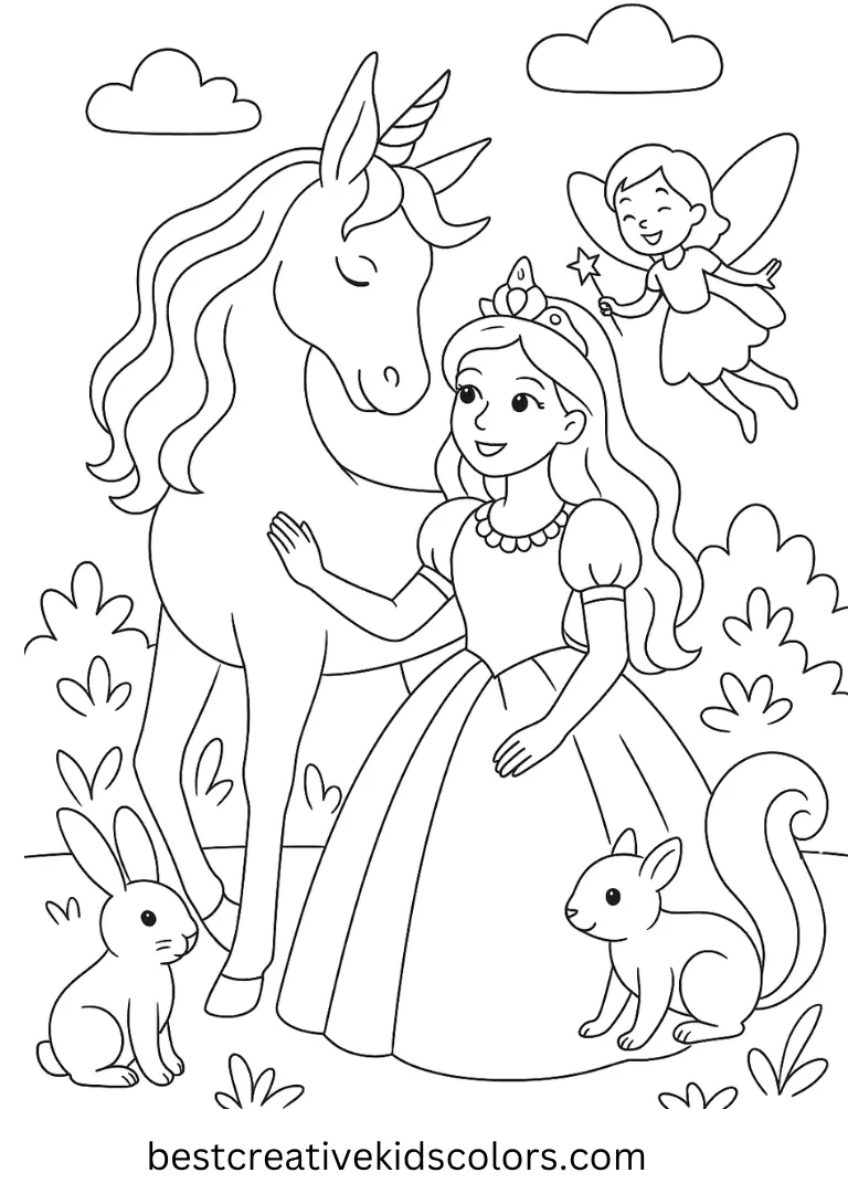 Color princesses with unicorns, fairies, and woodland animals.