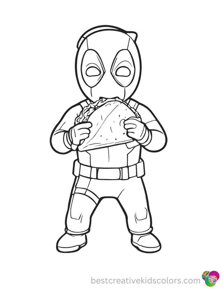 Interactive Deadpool Color Page (Virtual Paint) Deadpool happily eats a giant folded taco.