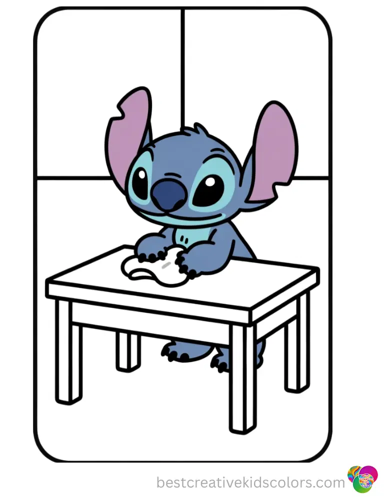 Stitch color pictures cleanly shows Stitch gently wiping a smooth wooden desk today.