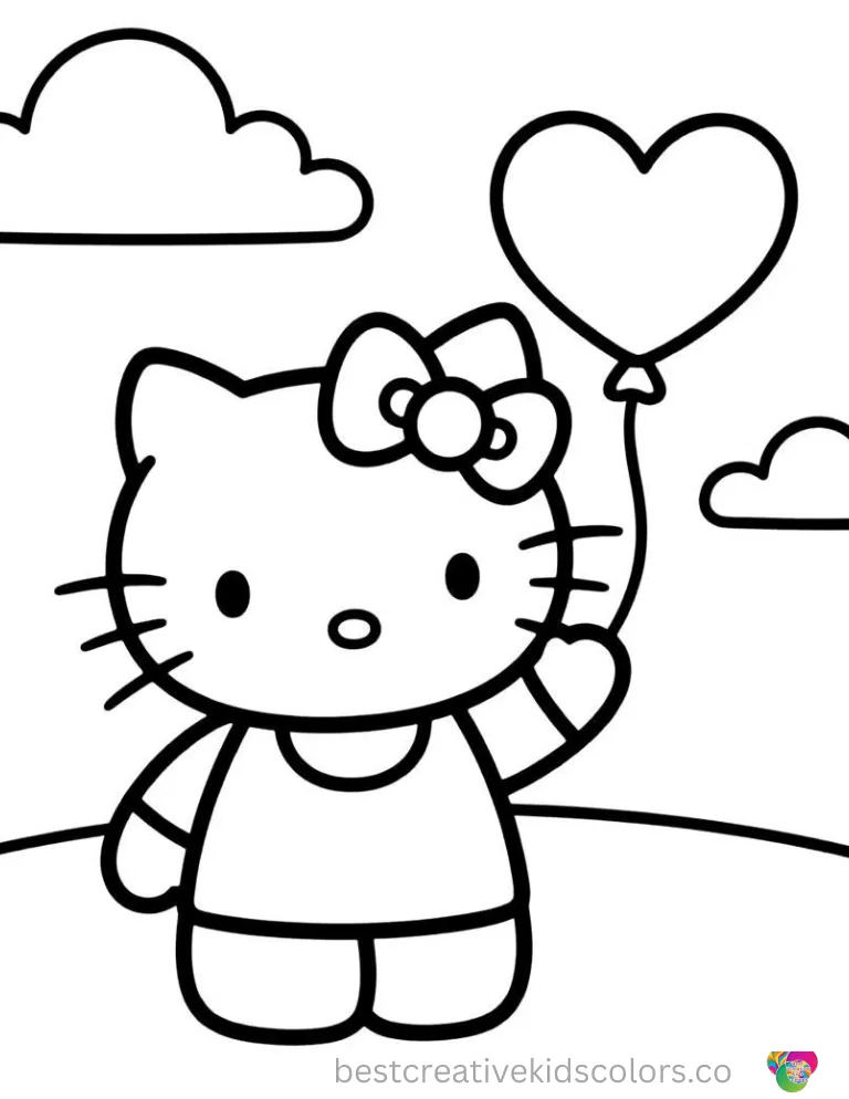 Hello Kitty gently touches a floating heart balloon against a clear sky.