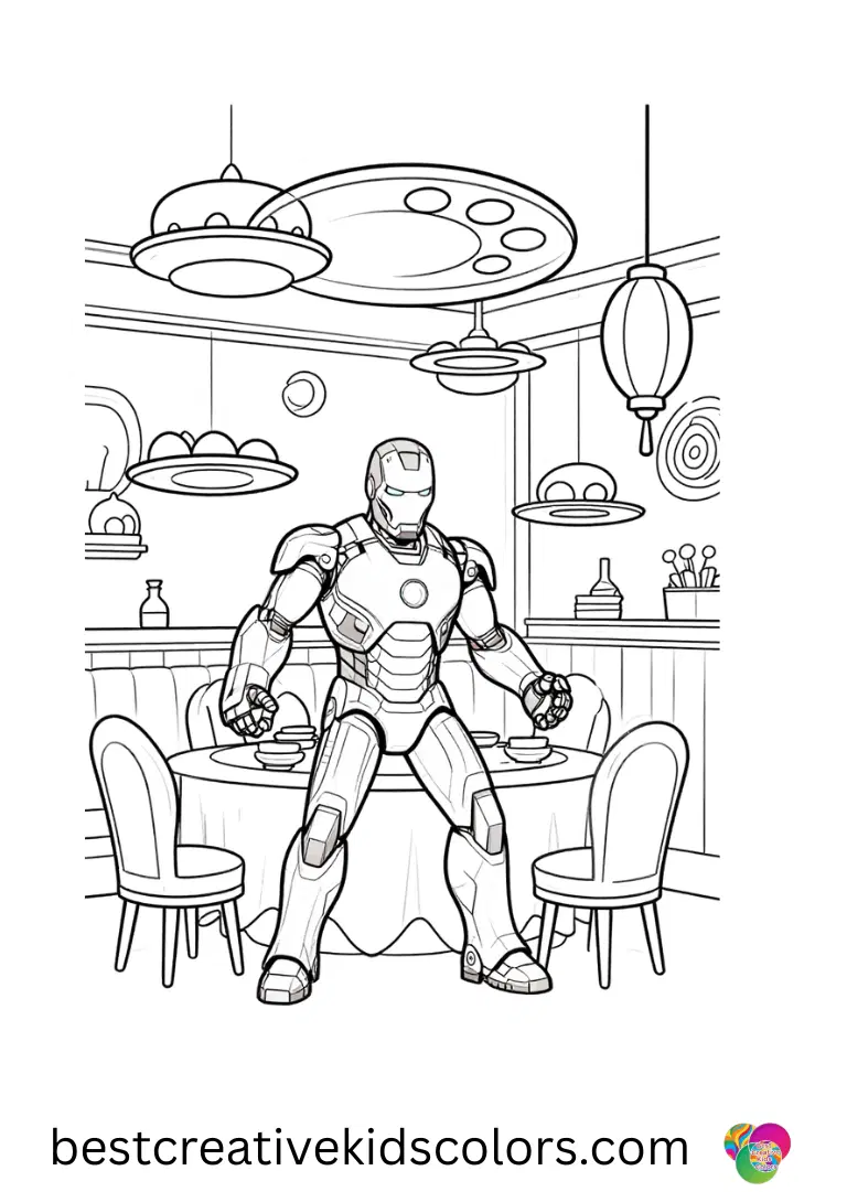 Iron Man Restaurant Scene arranges floating trays into playful patterns beneath warm lanterns.