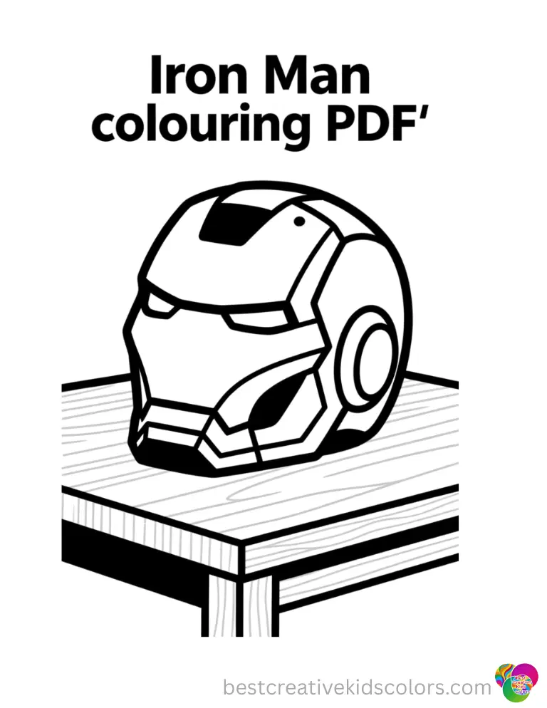 A simple outline of a helmet sits on a clean wooden table in this official Iron Man colouring PDF.