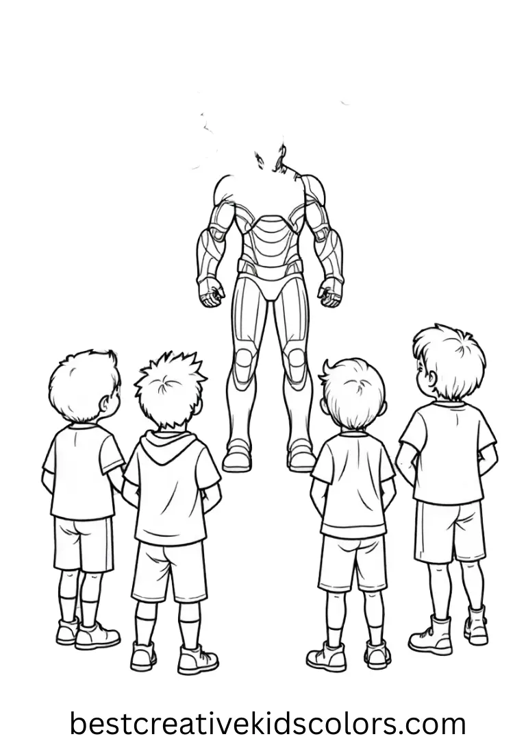 In a calm plaza, children watch as Iron Man entrance Avengers raises a glowing light barrier safely overhead.