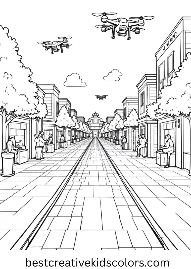 Hovering drones glide across the plaza while the Iron Man ride guides a slow safety path for visitors.