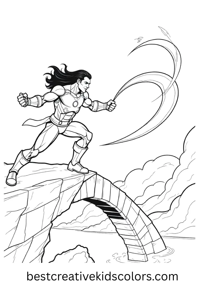 Iron Man vs Loki Movie shows him spinning harmless green energy ribbons across a stone bridge.