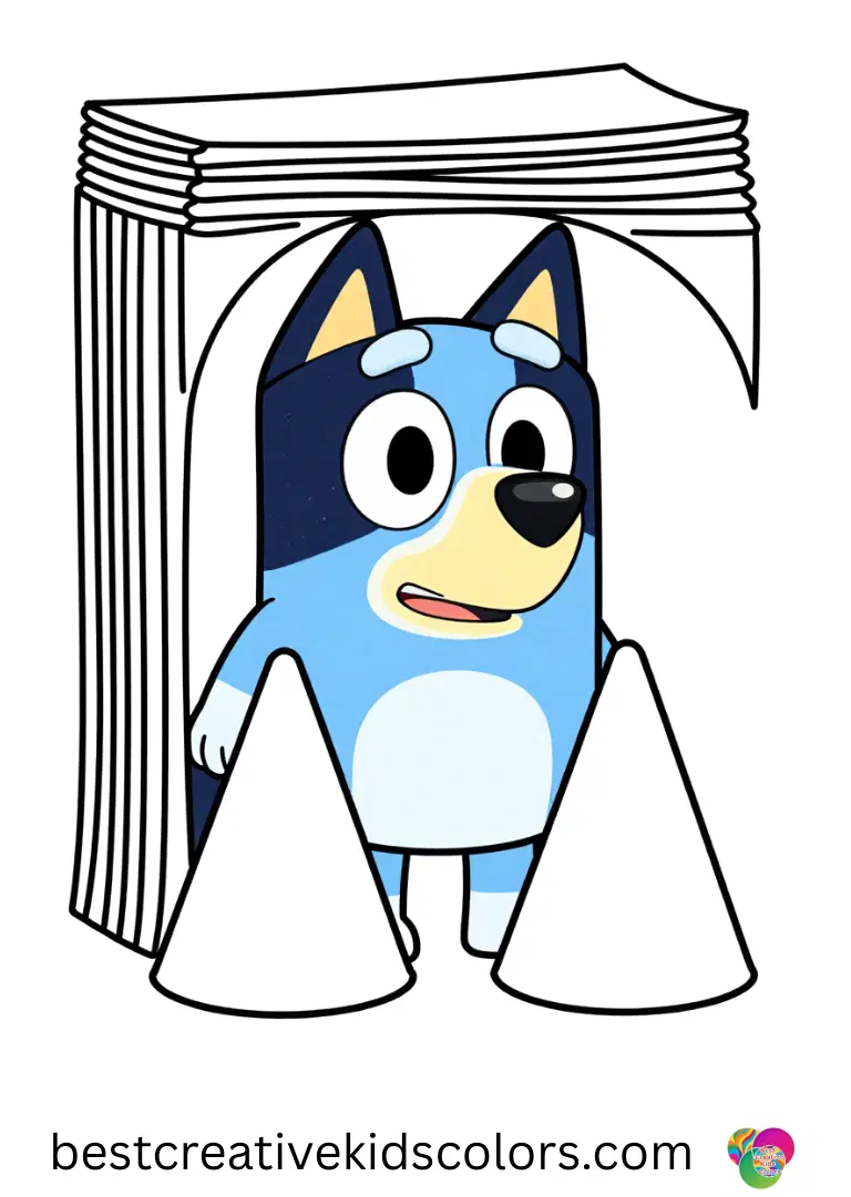 Jack Bluey coloring page shows Jack peeking under a stack of soft paper cones with excitement.