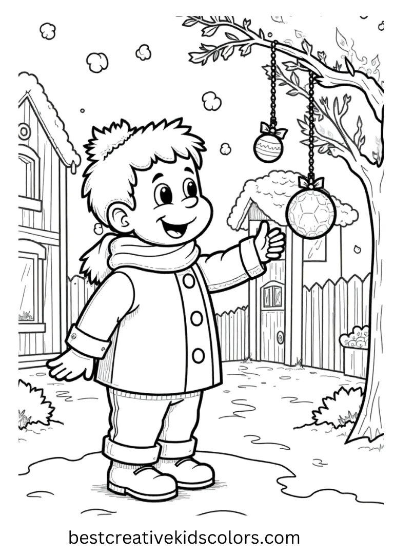 Jack Decorating Christmas Town Coloring Page Jack hangs ornaments while snow falls softly around him.