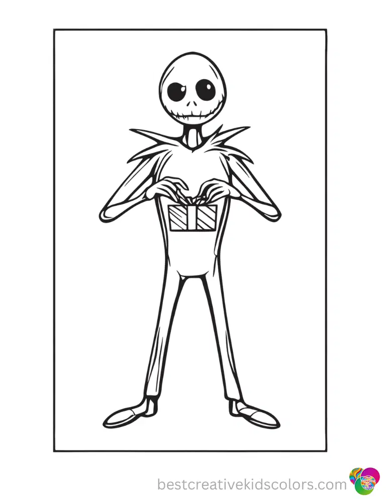 Jack Skellington unwraps a tiny striped gift box.