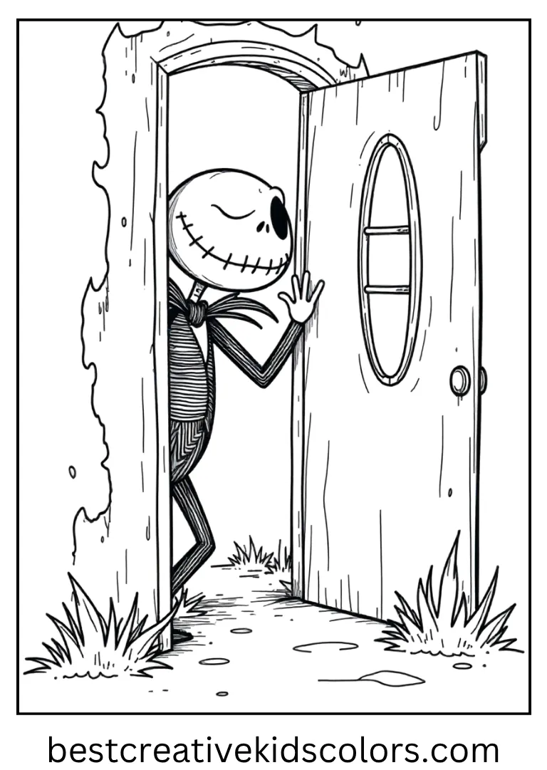 Jack Skellington Haunted House Coloring Page Jack peeks out of the spooky mansion doorway.
