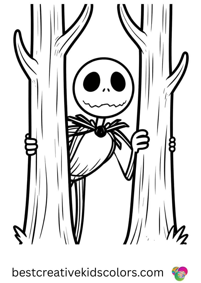 Jack Skellington drawing Easy Jack Skellington drawing Easy depicts Jack peeking through tall twisted trees in Halloween Town.