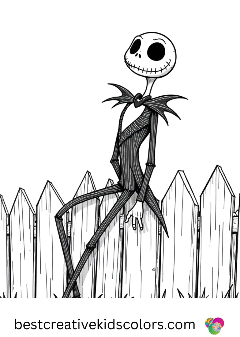 Jack Skellington printable Kids color Jack Skellington printable as he balances on a crooked fence with a grin.