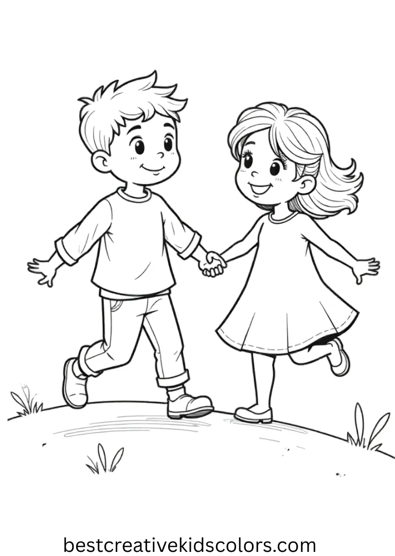 Jack and Sally Coloring pages Jack and Sally Coloring pages show the duo holding hands while skipping across a blank hill for coloring.