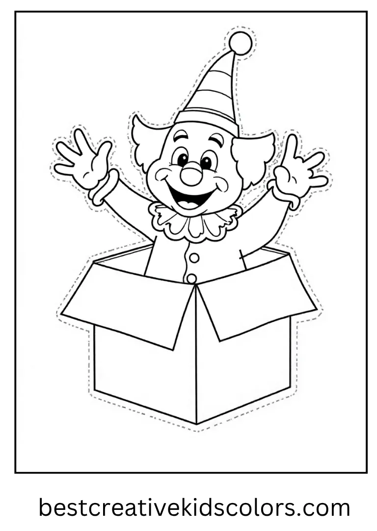 Jack-in-the-Box Surprise Coloring Sheet A toy clown pops from a box with a cheerful smile.