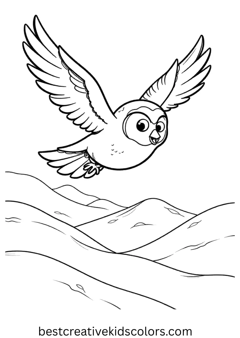 January coloring pages PDF features an owl gliding above quiet snow-covered hills.
