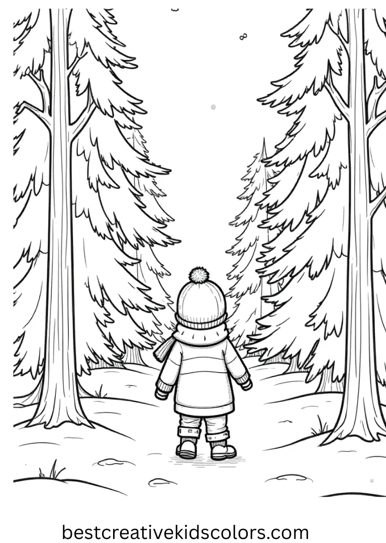 January pine tree forest coloring pages easy captures a child walking under soft pine boughs.