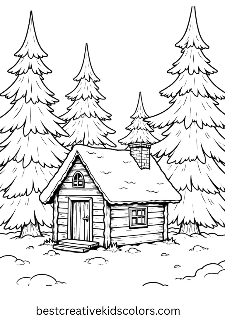 January pine tree forest coloring pages for adults shows a lantern illuminating a small snowy cabin.
