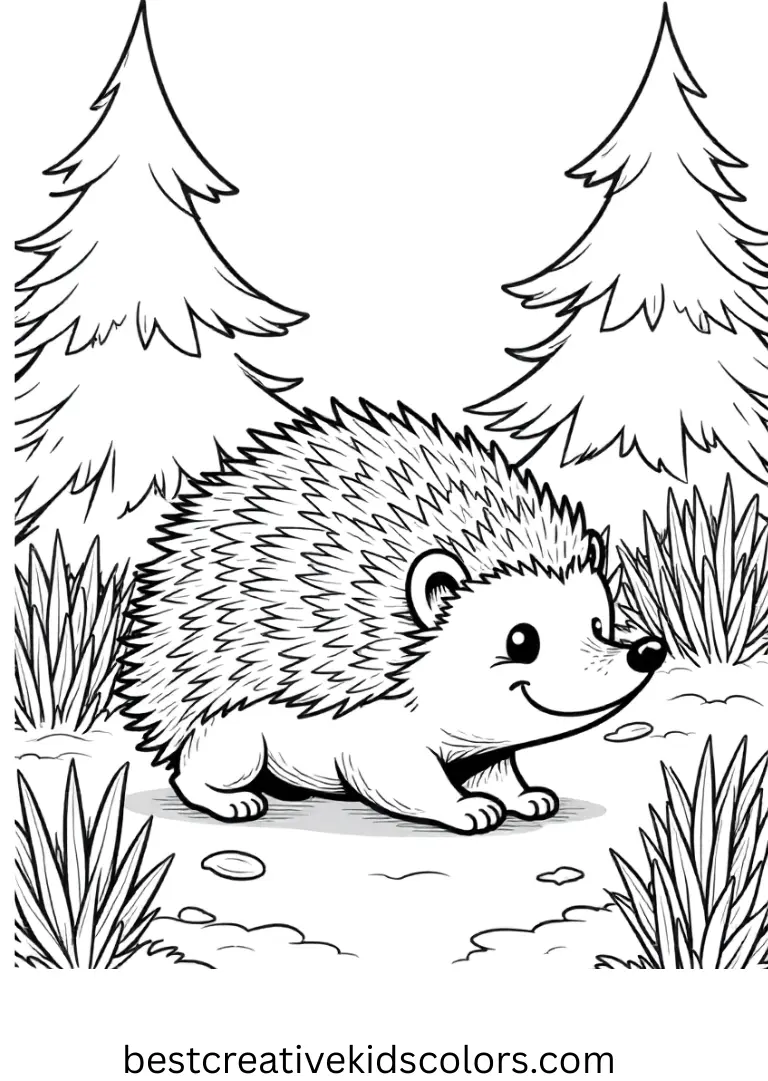 A hedgehog scurries through fallen pine needles in January pine tree forest coloring pages free download.