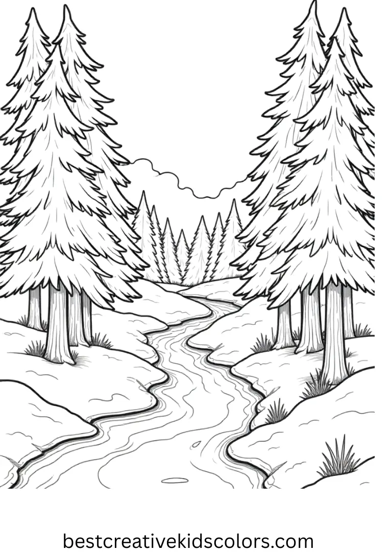 January pine tree forest coloring pages free shows a calm stream reflecting winter trees mid-scene.