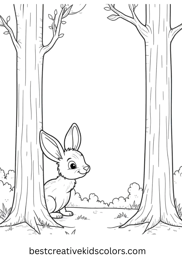 January pine tree forest coloring pages pdf free download shows a rabbit peeking from behind pine trunks.