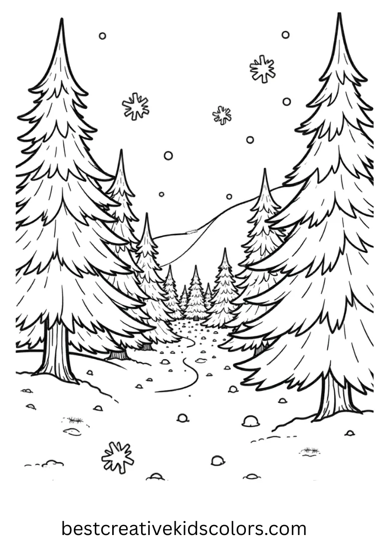 January pine tree forest coloring pages pdf free depicts snow falling gently over forest hills.