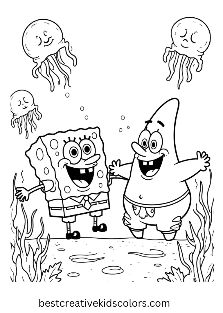 SpongeBob and Patrick chase jellyfish underwater, smiling and laughing in open easy outlines.
