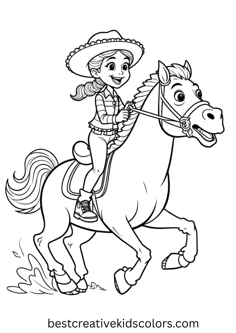 Jessie and Bullseye Racing Fun Disney Coloring Sheet (2) Color Jessie riding Bullseye in thrilling Disney Coloring Pages for young artists.