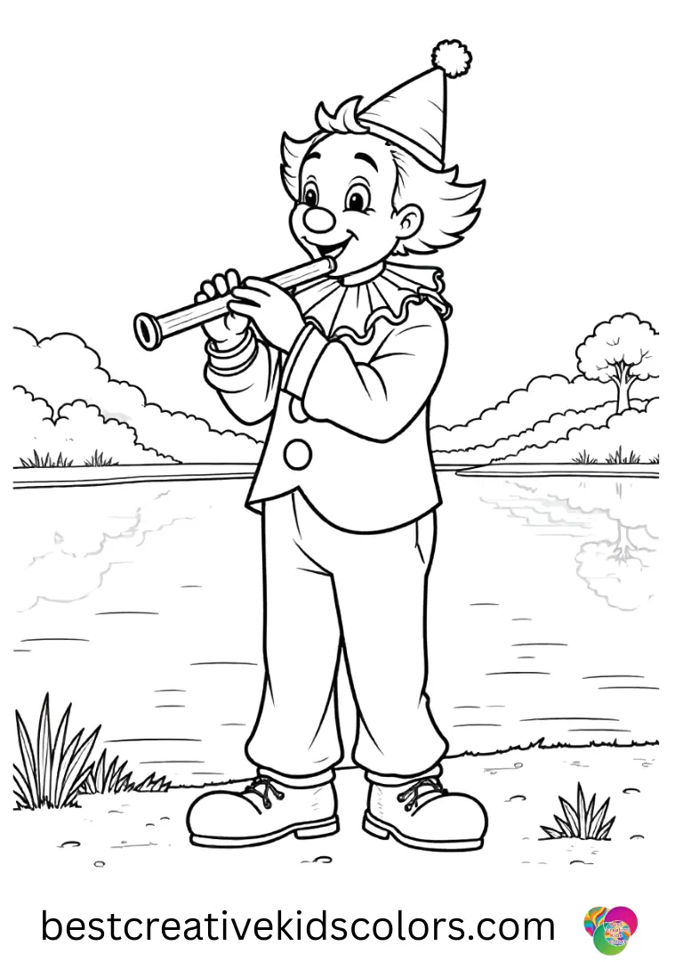 A clown plays a wooden flute beside a quiet lake in Joker 2 coloring page download.