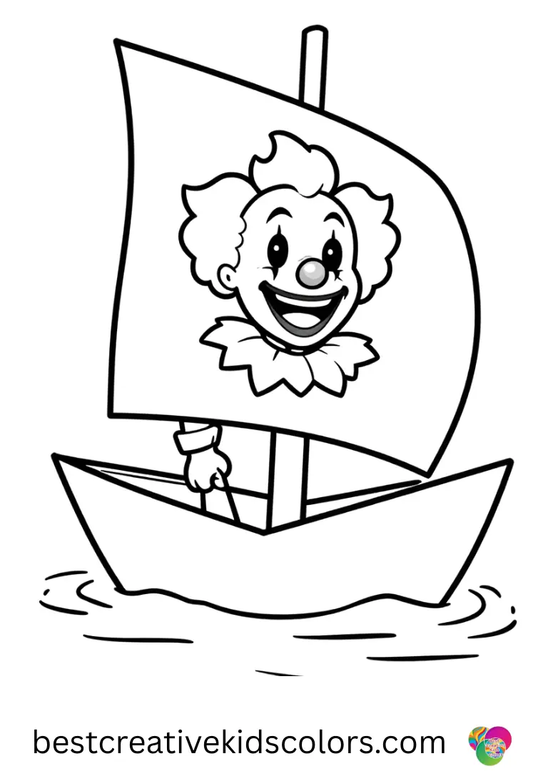 Joker 2 coloring page easy shows a clown sailing a paper boat across a calm blue pond.