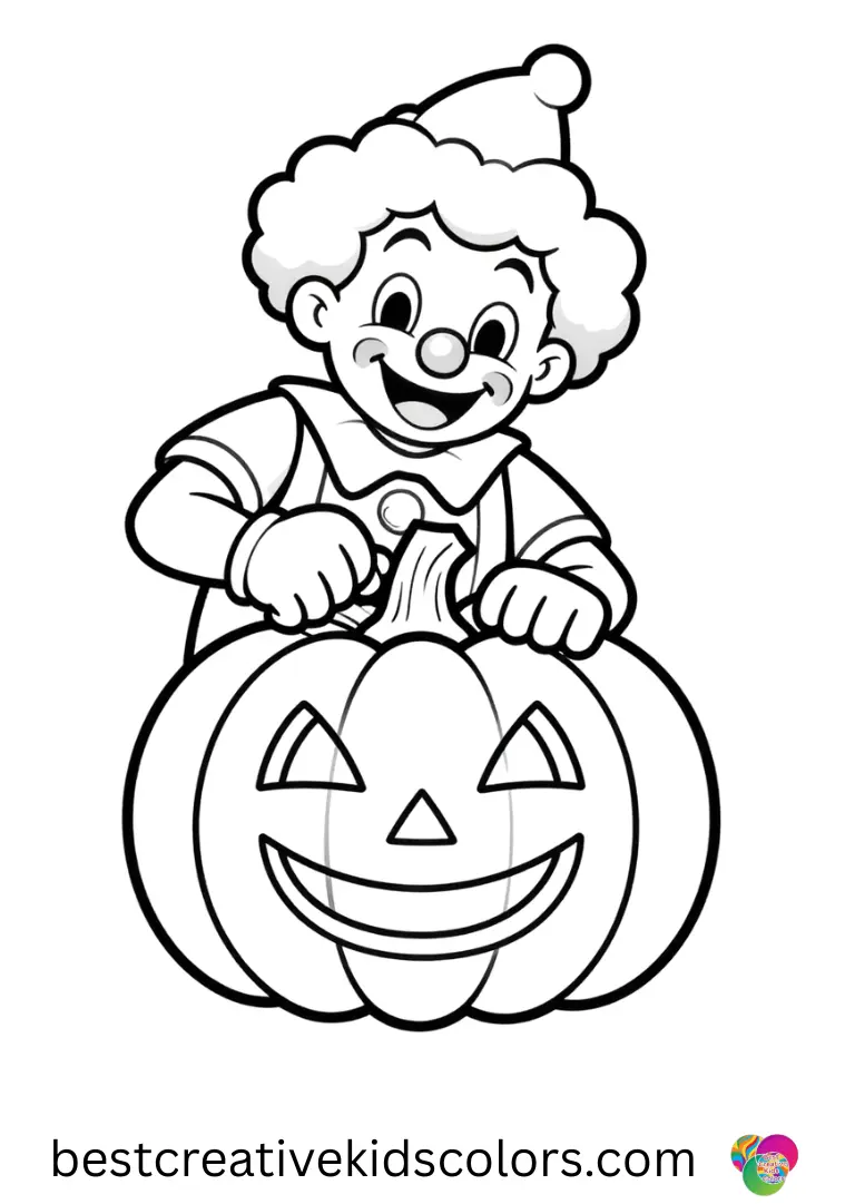 Joker 2 coloring page for adults shows a clown carving shapes into a large pumpkin at sunset.