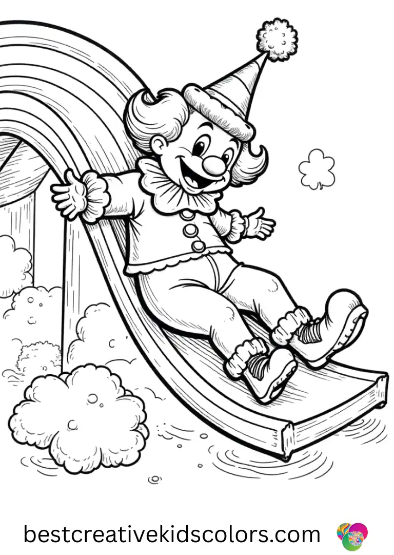 Joker coloring pages colored shows a clown sliding down a wide rainbow slide in an open park.