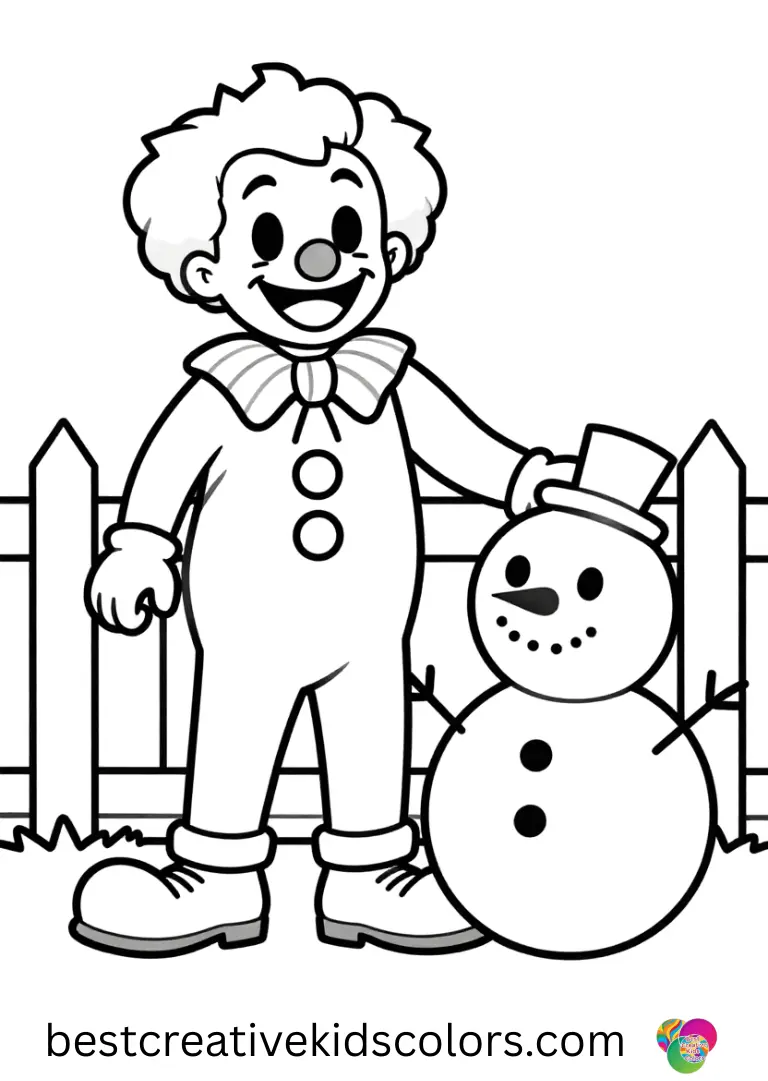 Joker coloring pages for kids features a clown building a snowman beside a simple white fence.