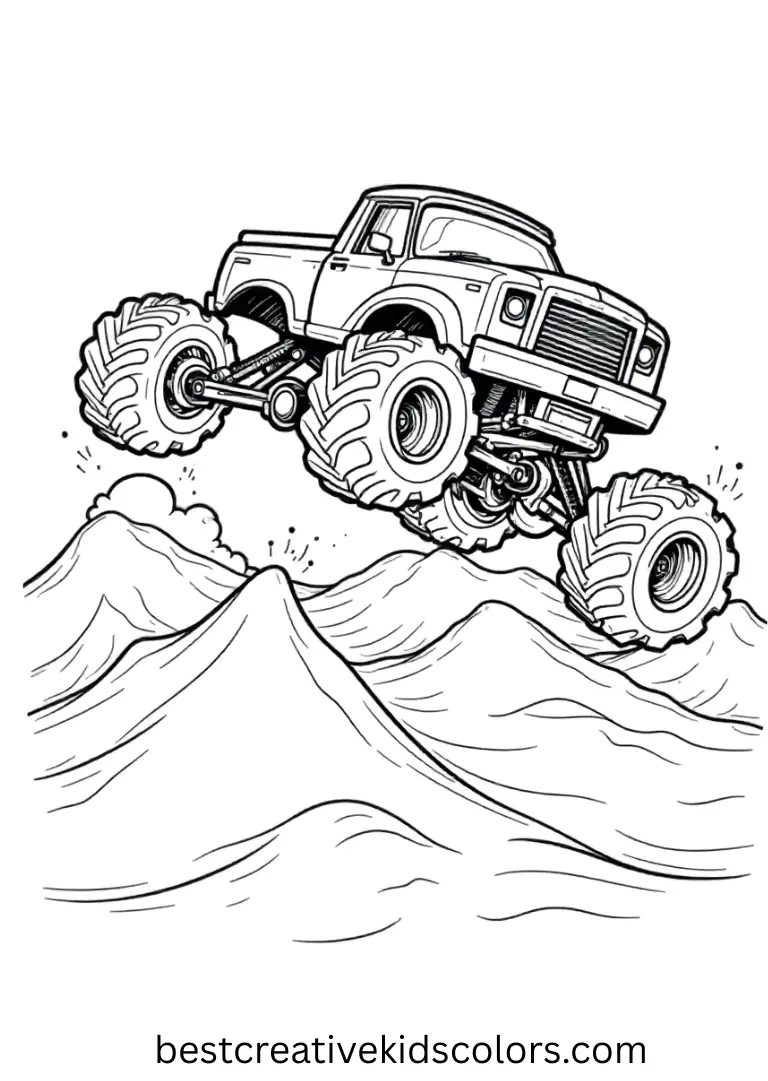 A playful truck vaults over small mounds. Open shapes make it fun for beginners to color.
