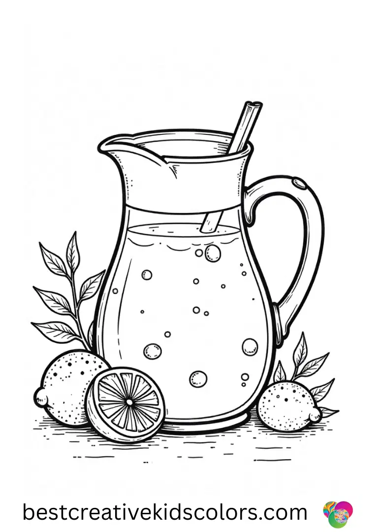 June coloring pages free printable shows a lemonade pitcher being filled to the top outdoors.