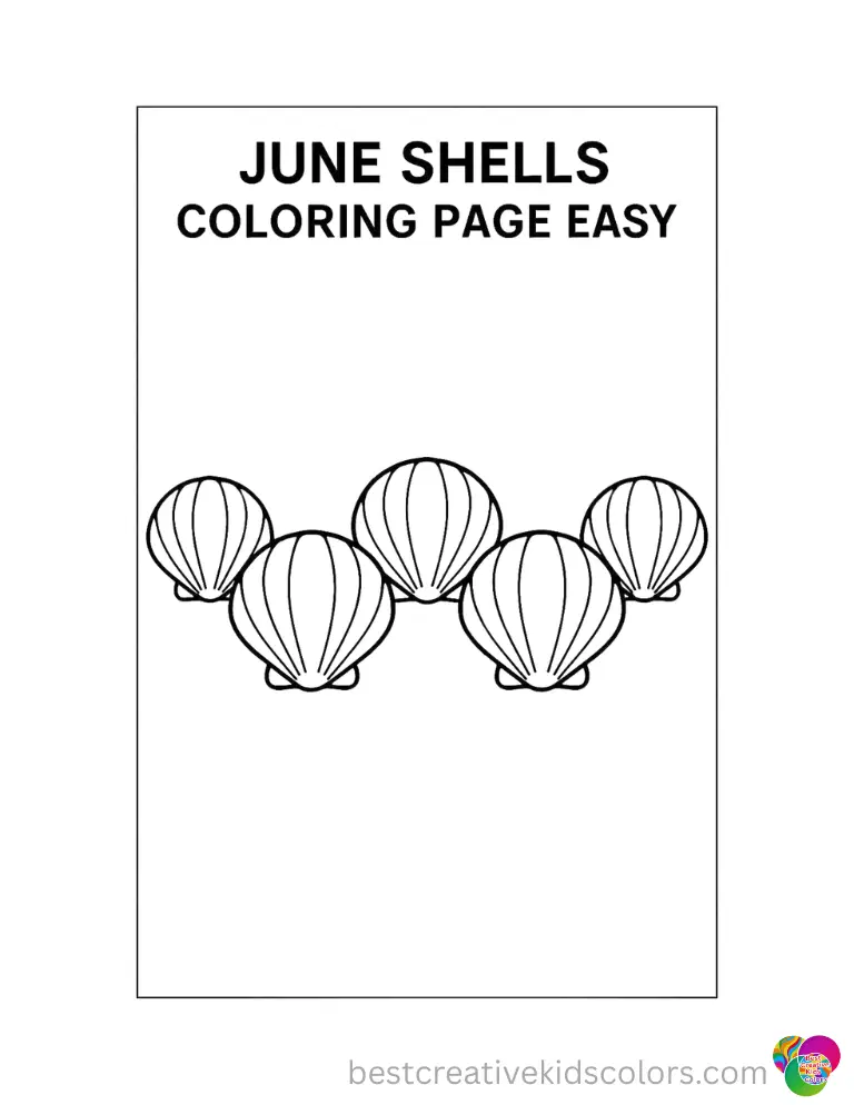 Five perfectly round clam shells sit in a row in June shells coloring page easy.