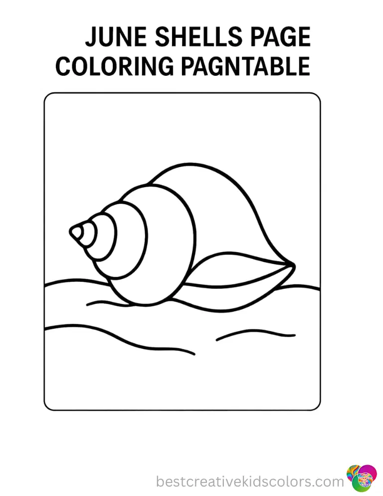 June shells coloring page printable displays a smooth conch resting safely on dry sand.