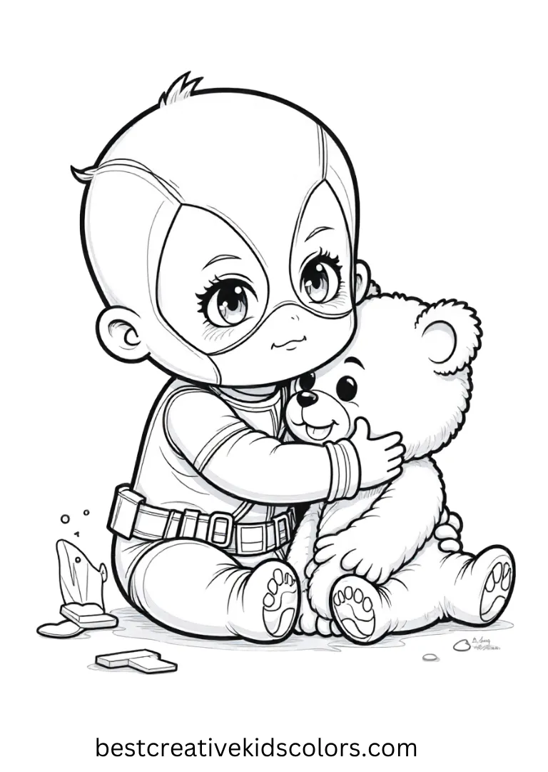 Color Deadpool hugging a teddy bear while sitting beside a spilled juice box.