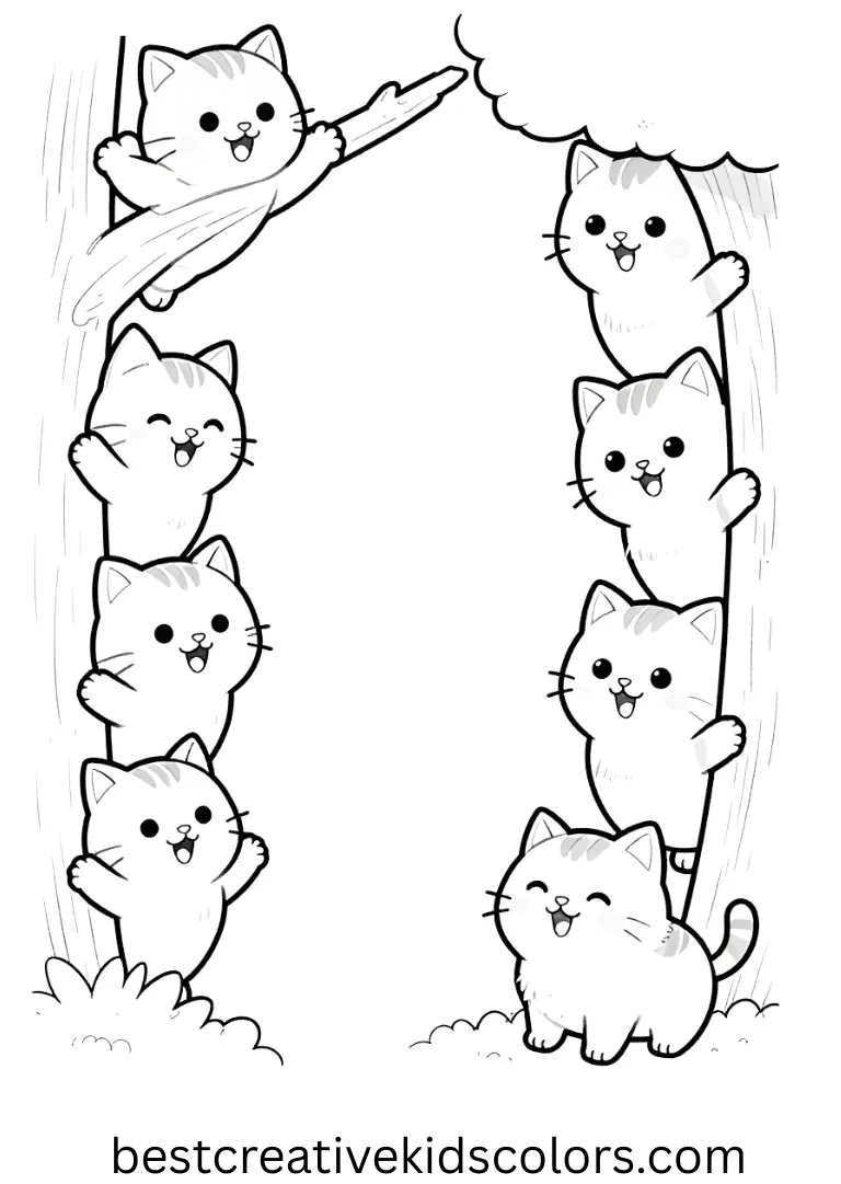 A group of playful kittens climbs trees in this joyful Kawaii Coloring pages Animals design.