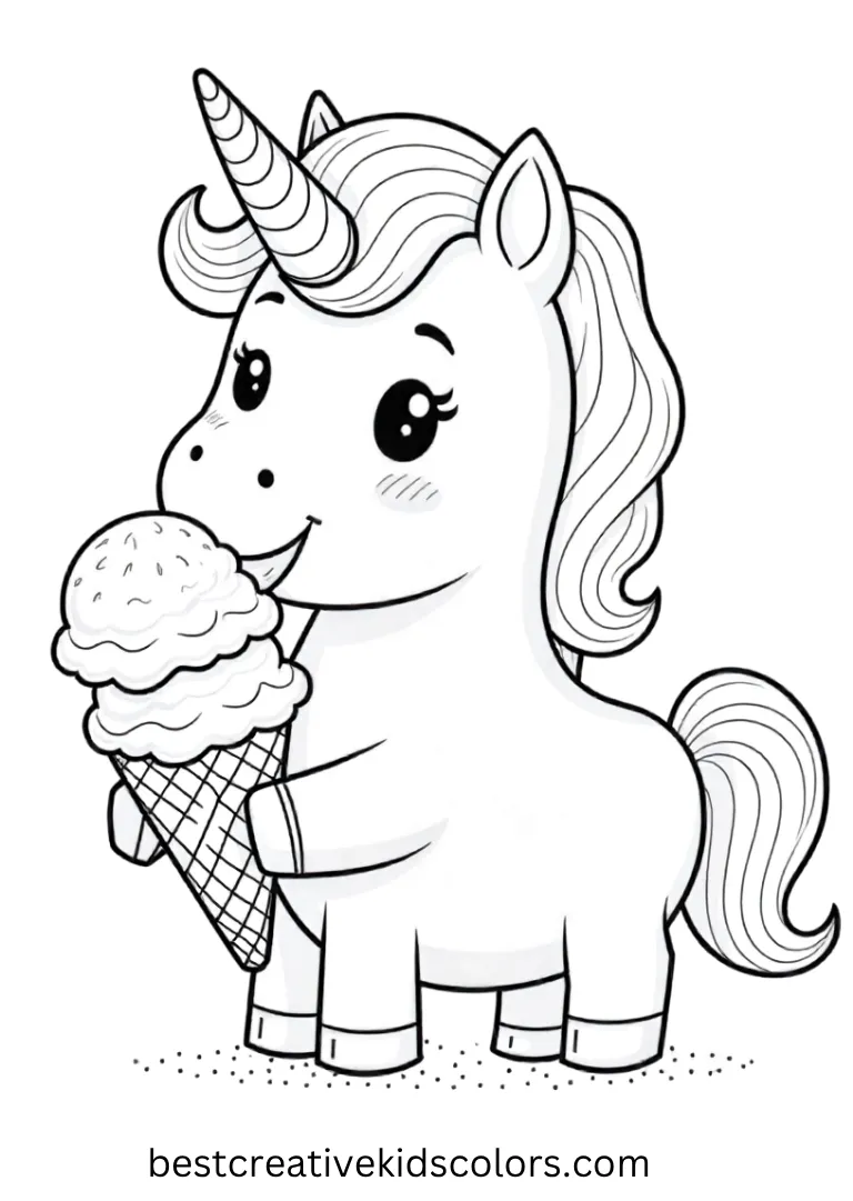 A smiling unicorn licks a melting ice cream cone — adorable, simple outlines make this Unicorn Coloring Page extra fun.