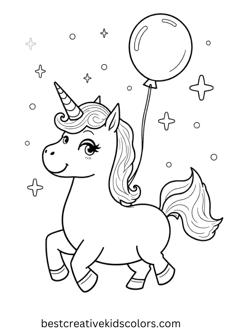 A unicorn floats with shiny star balloons — simple outlines and sweet details make this an ideal Unicorn Coloring Page for kids.