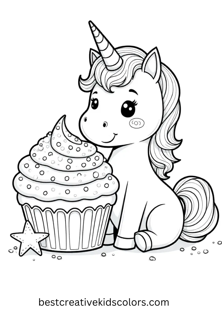 A sweet unicorn sits beside a giant rainbow cupcake, waiting for sprinkles — perfect for fun Unicorn Coloring Pages for kids.