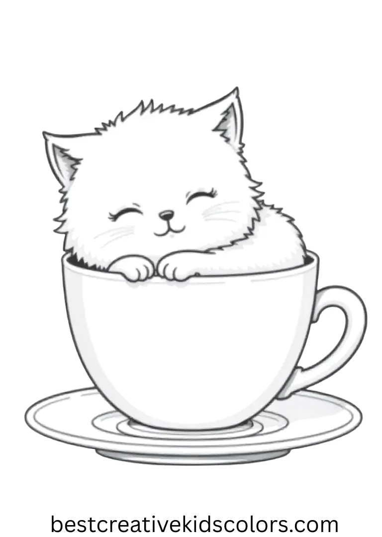 A lazy kitten naps in a teacup in this Kawaii cat coloring pages easy design.