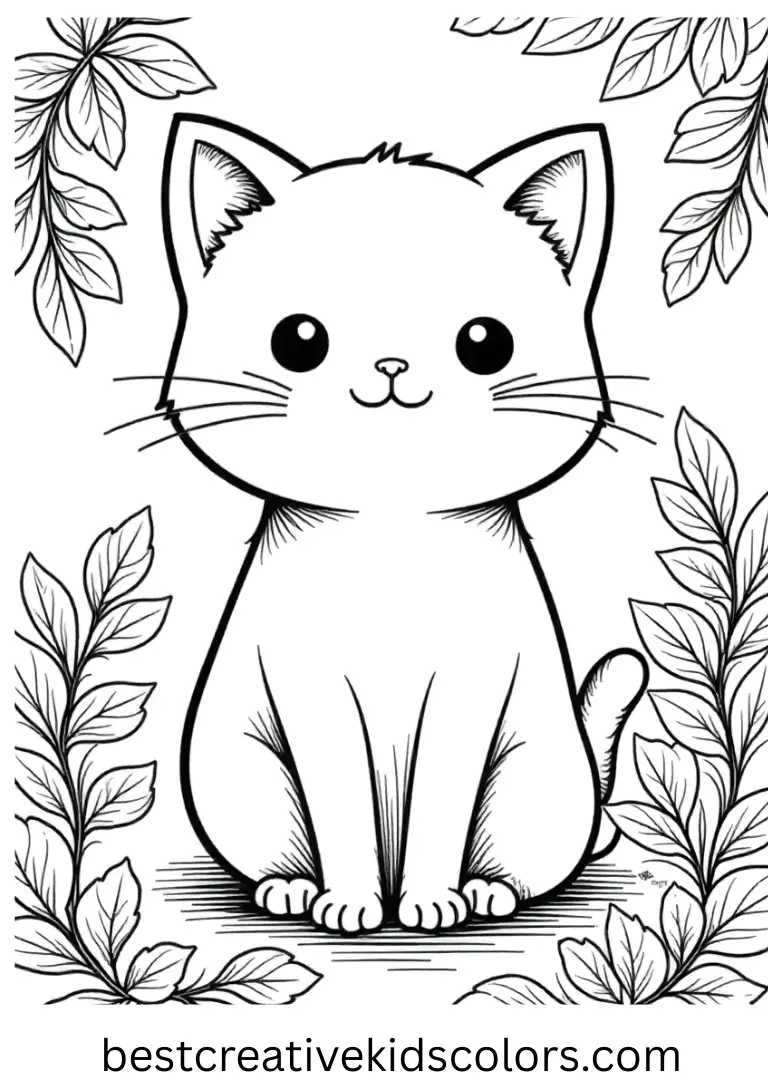 Surround a cozy cat with intricate leaves in the Kawaii cat coloring pages for adults.