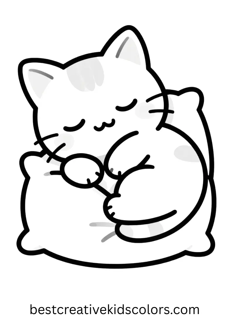 Color a sleepy kitten curled on a soft pillow in this Kawaii cat coloring pages pdf free sheet.