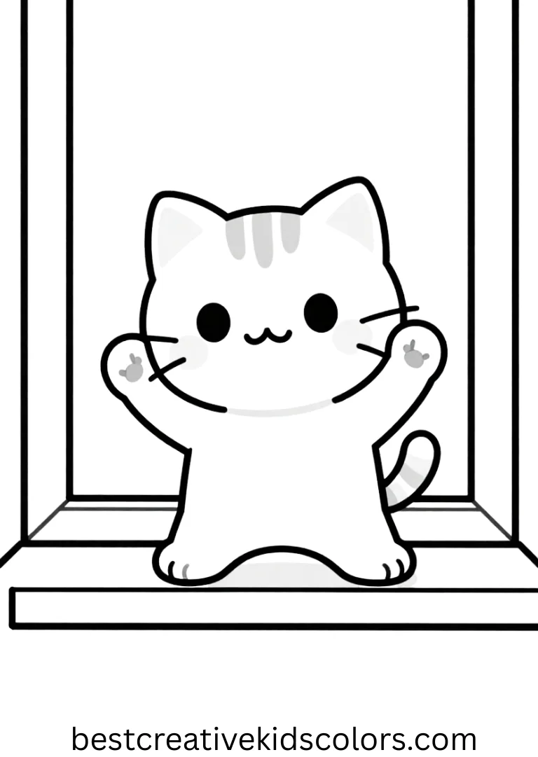 Add colors to a stretching kitten on a sunny windowsill in your Kawaii cat coloring pages pdf.